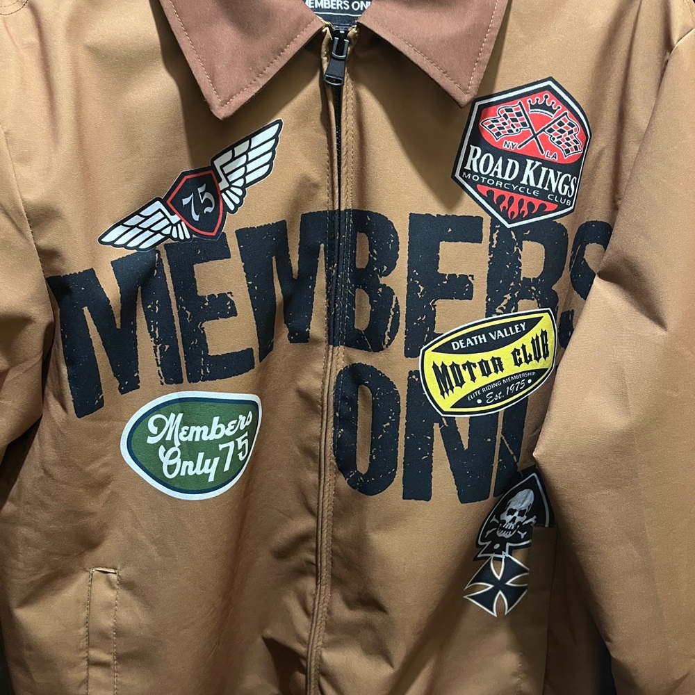 Members Only Tan Bomber Jacket with Patches